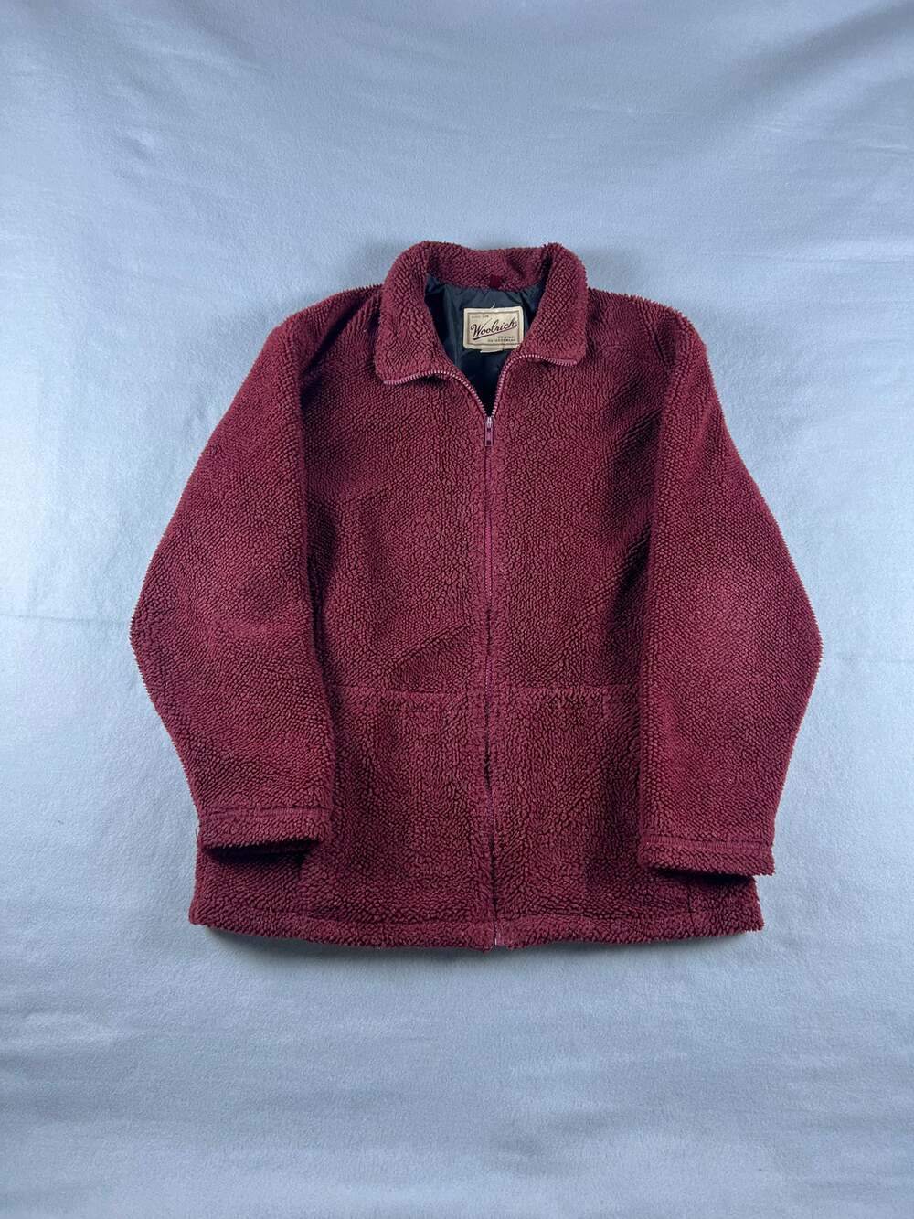 Vintage Woolrich Sherpa Fleece Jacket Womens M Burgundy Full Zip USA Made Winter
